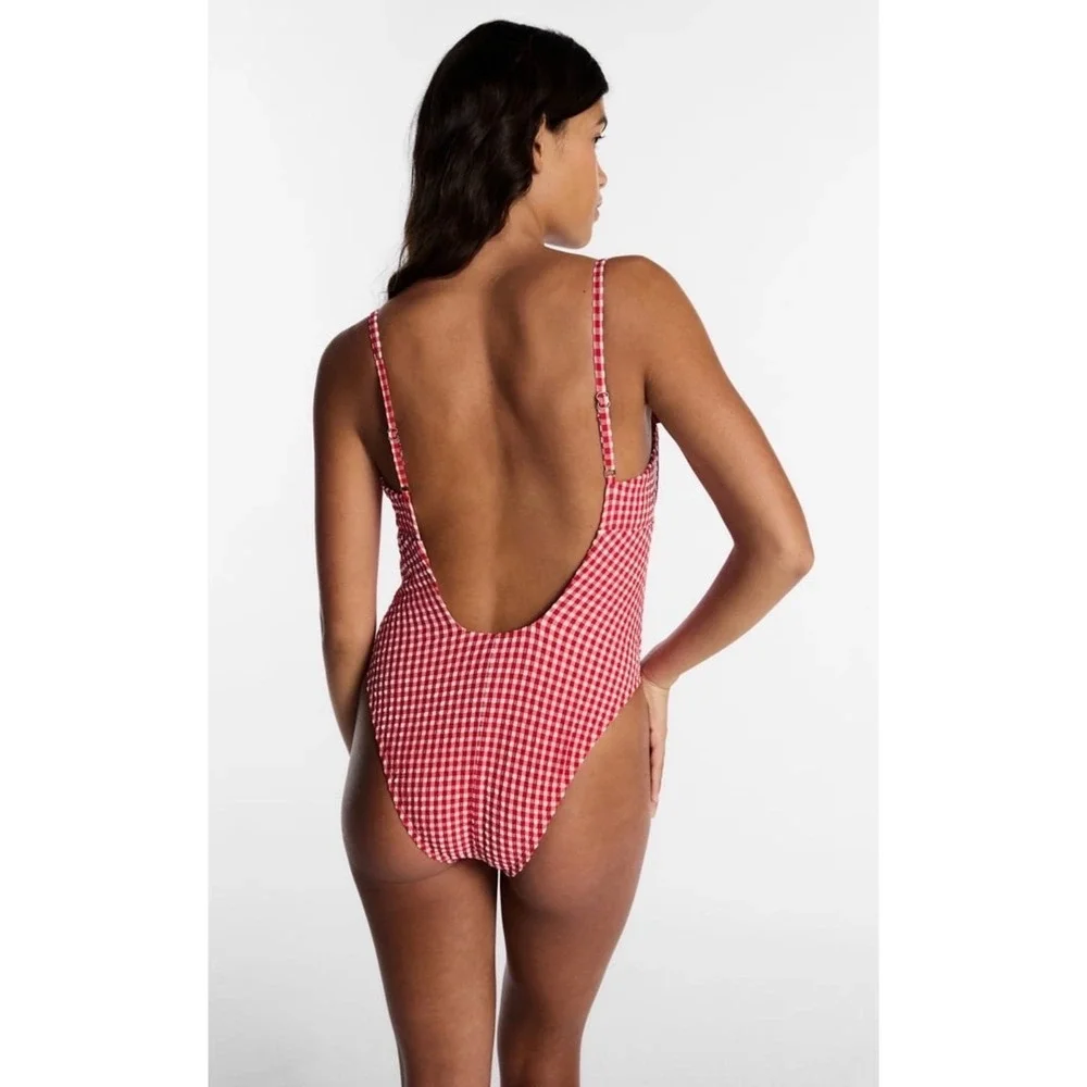 Cottagecore Kacey Musgraves Gingham Picnic One Piece Swimsuit Red White XL NWT